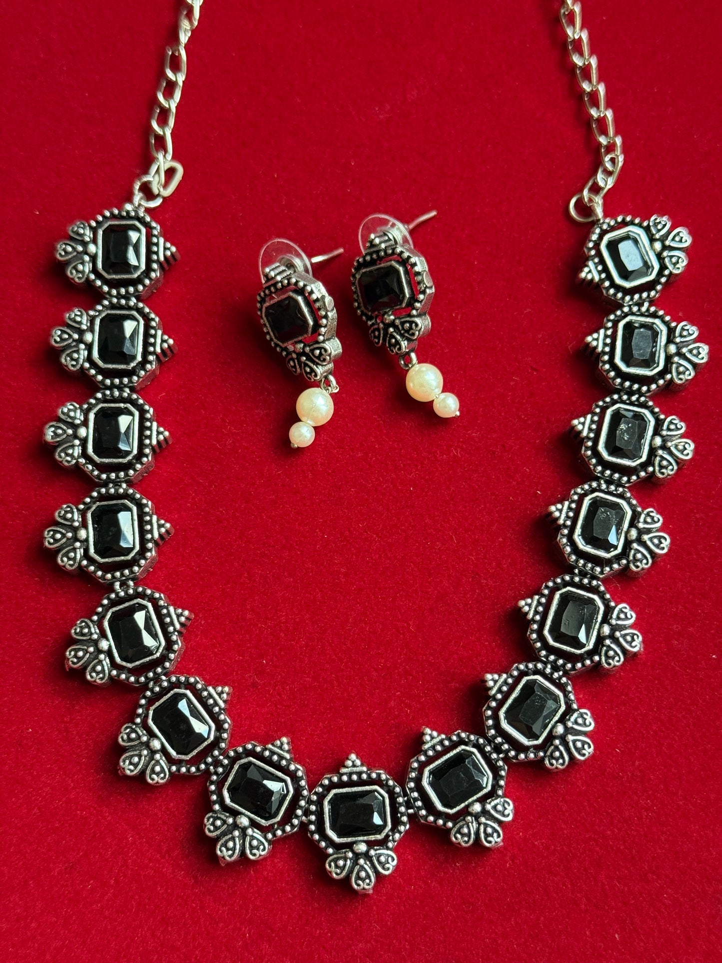 Oxidized Silver Plated Handcrafted Choker with Earrings Set (NAC0077-79)