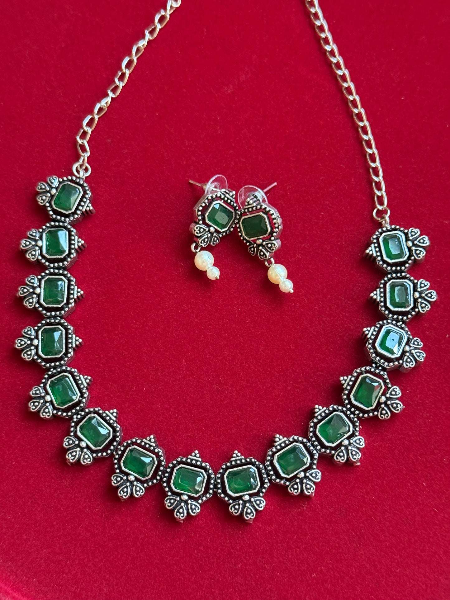 Oxidized Silver Plated Handcrafted Choker with Earrings Set (NAC0077-79)