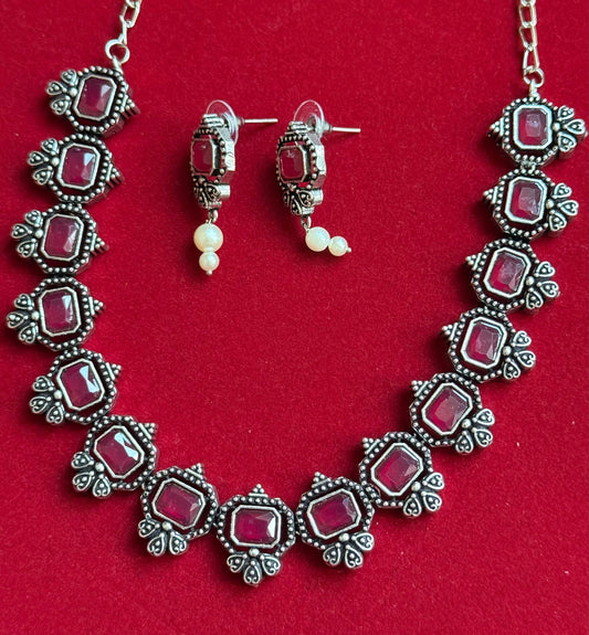 Oxidized Silver Plated Handcrafted Choker with Earrings Set (NAC0077-79)